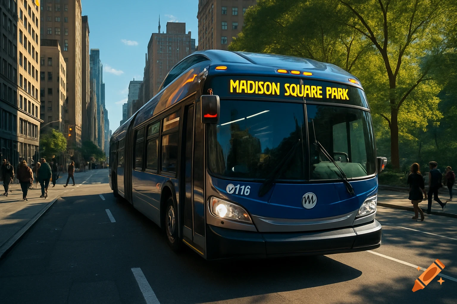 A blue city bus with 'MADISON SQUARE PARK' on its sign drives down a sunny city street lined with tall buildings and trees.