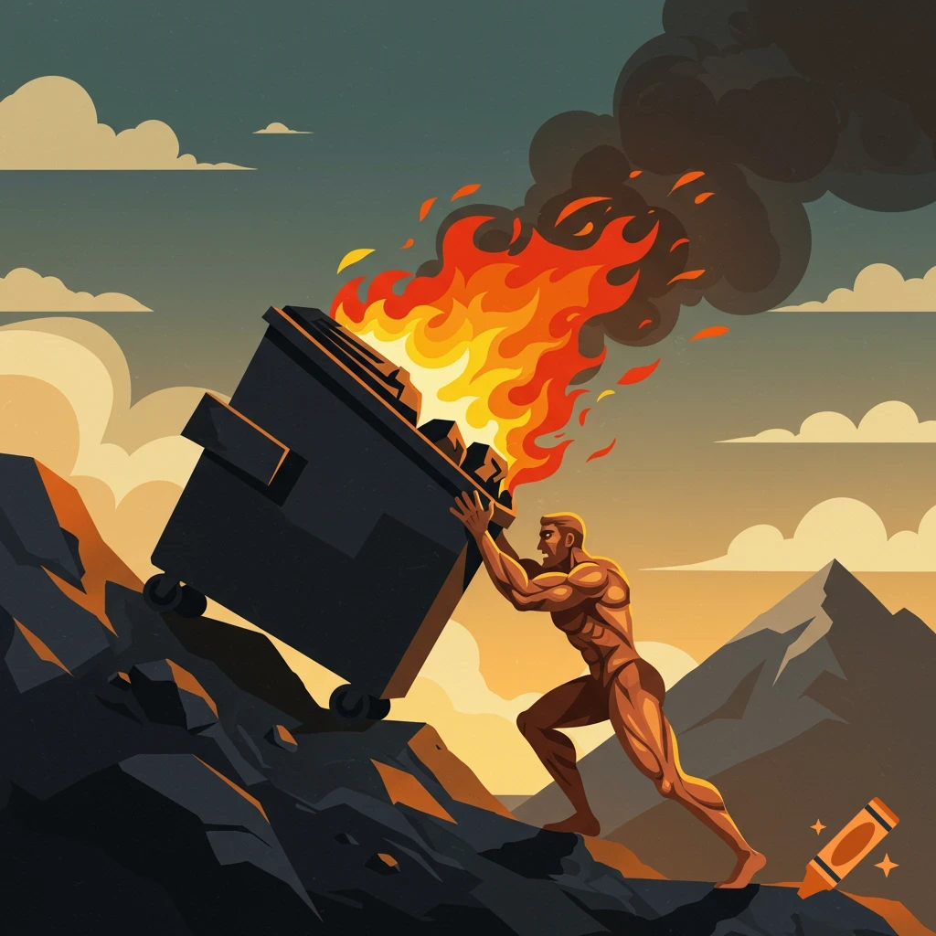 A muscular man with bronze skin pushes a burning dumpster up a dark, rocky mountain under an orange sky, in a stylized epic fashion.