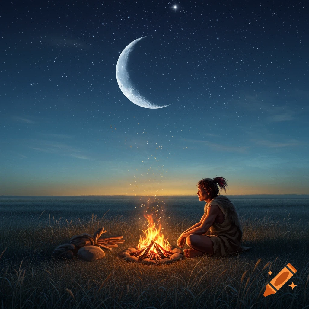 A prehistoric human sits by a campfire in a wide prairie under a crescent moon and starry night sky, digital painting.