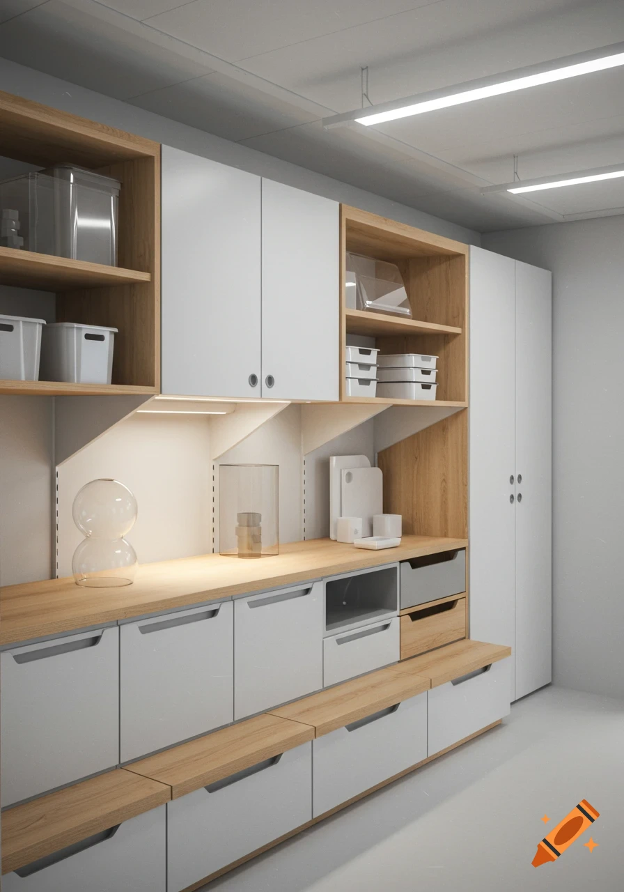 Modern, clean storage room with white cabinets, wooden shelves, and assorted storage containers, illuminated by ceiling lights.