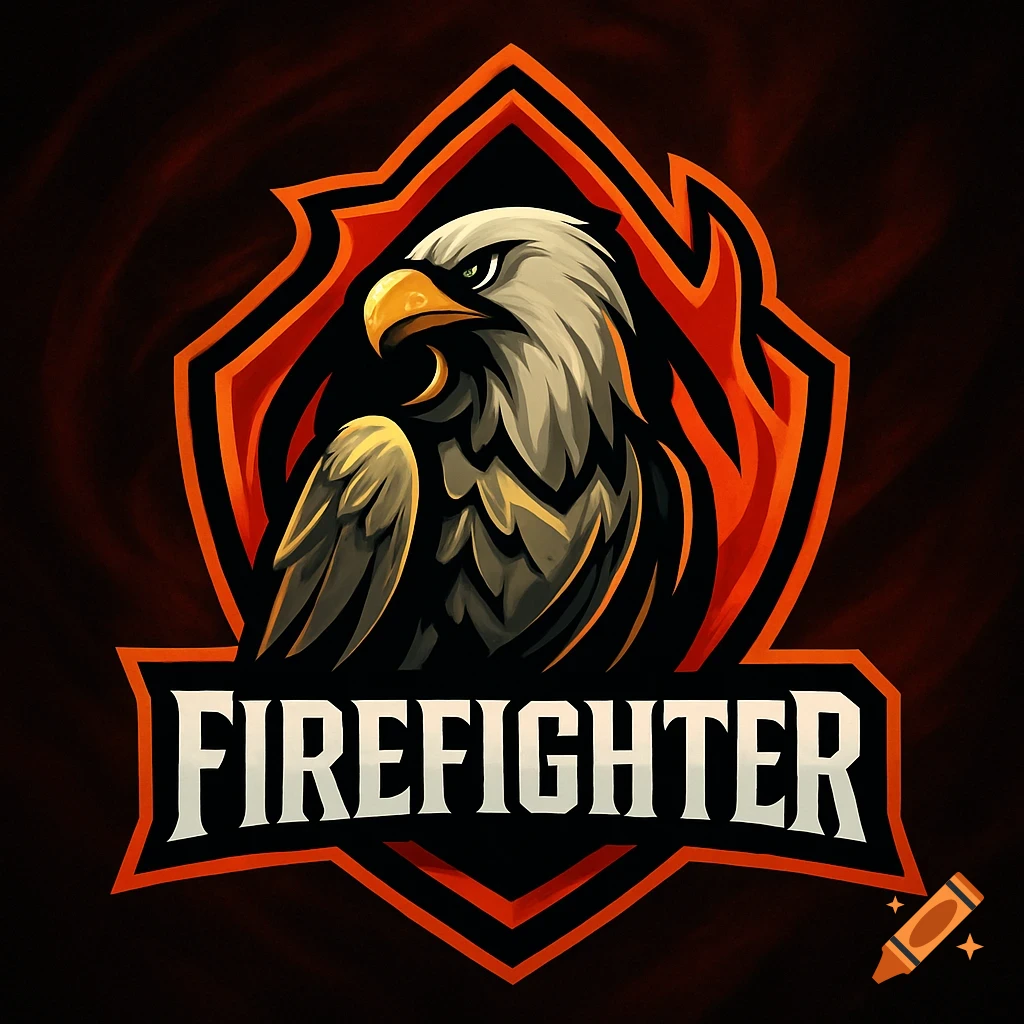 A stylized black and orange eagle mascot logo with the word 'FIREFIGHTER' below it, on a dark background.