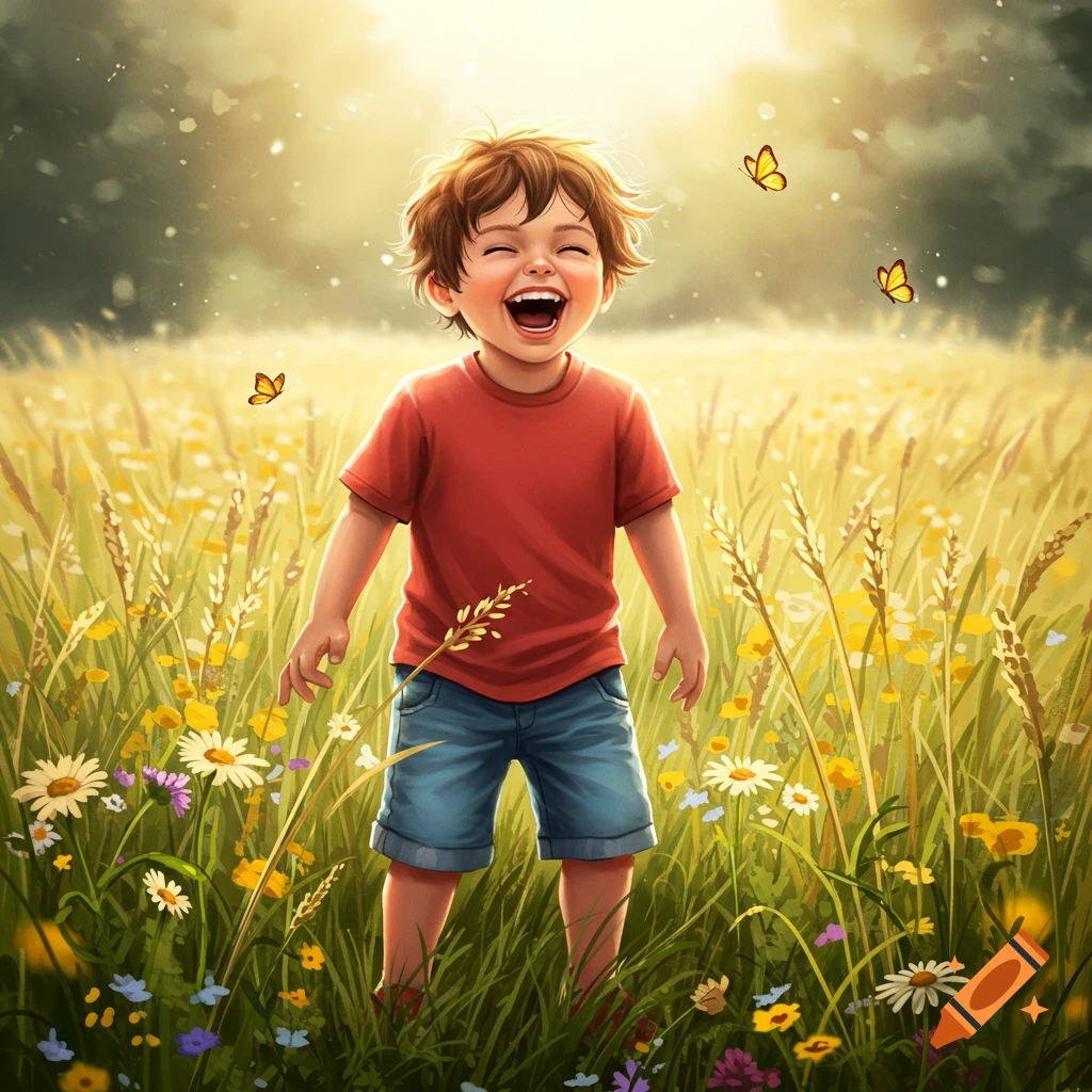 A happy boy in a red shirt laughs in a sunny field of wildflowers with butterflies.