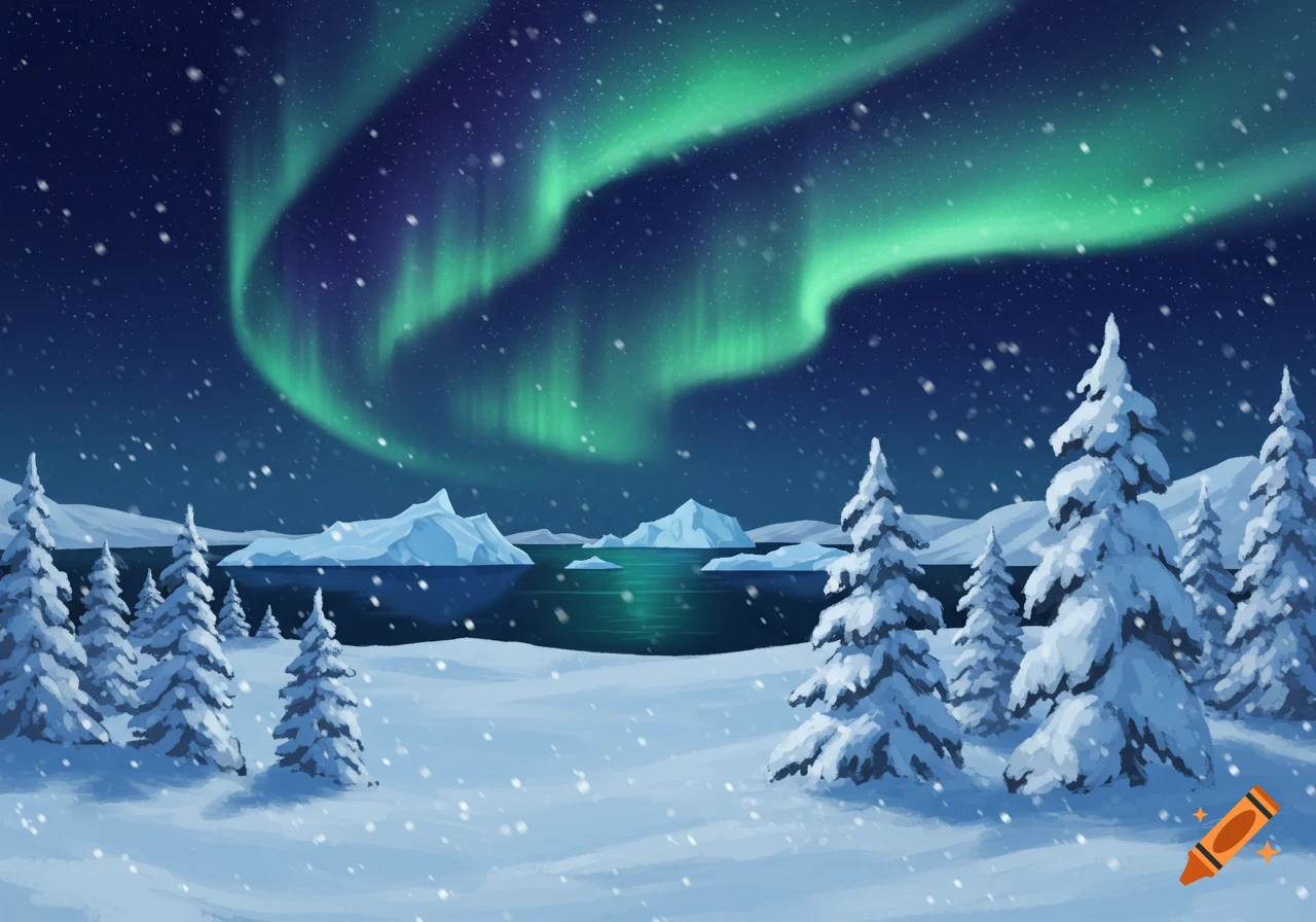Vibrant green Northern Lights illuminate a snowy Arctic landscape with pine trees and icebergs at night.