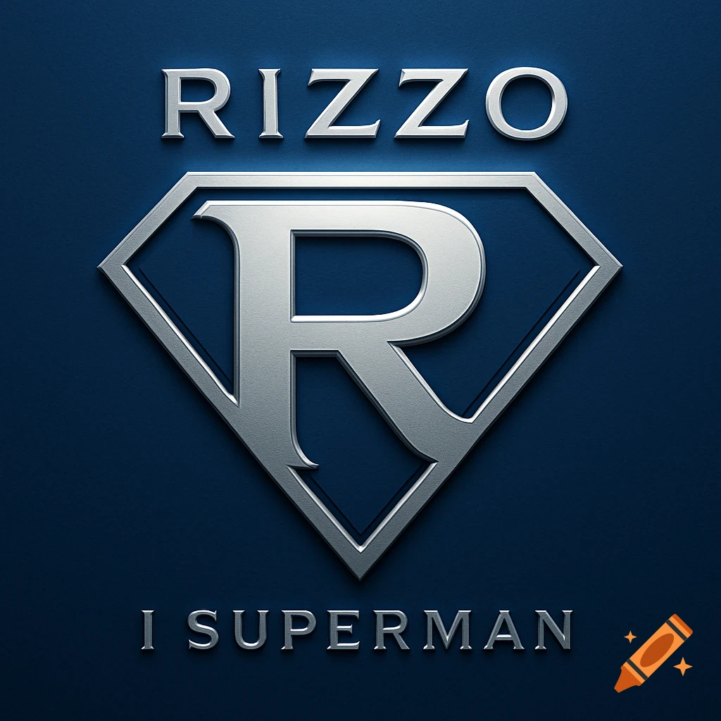A metallic silver R inside a diamond shield logo with 'RIZZO' above and 'I SUPERMAN' below on a dark blue background.