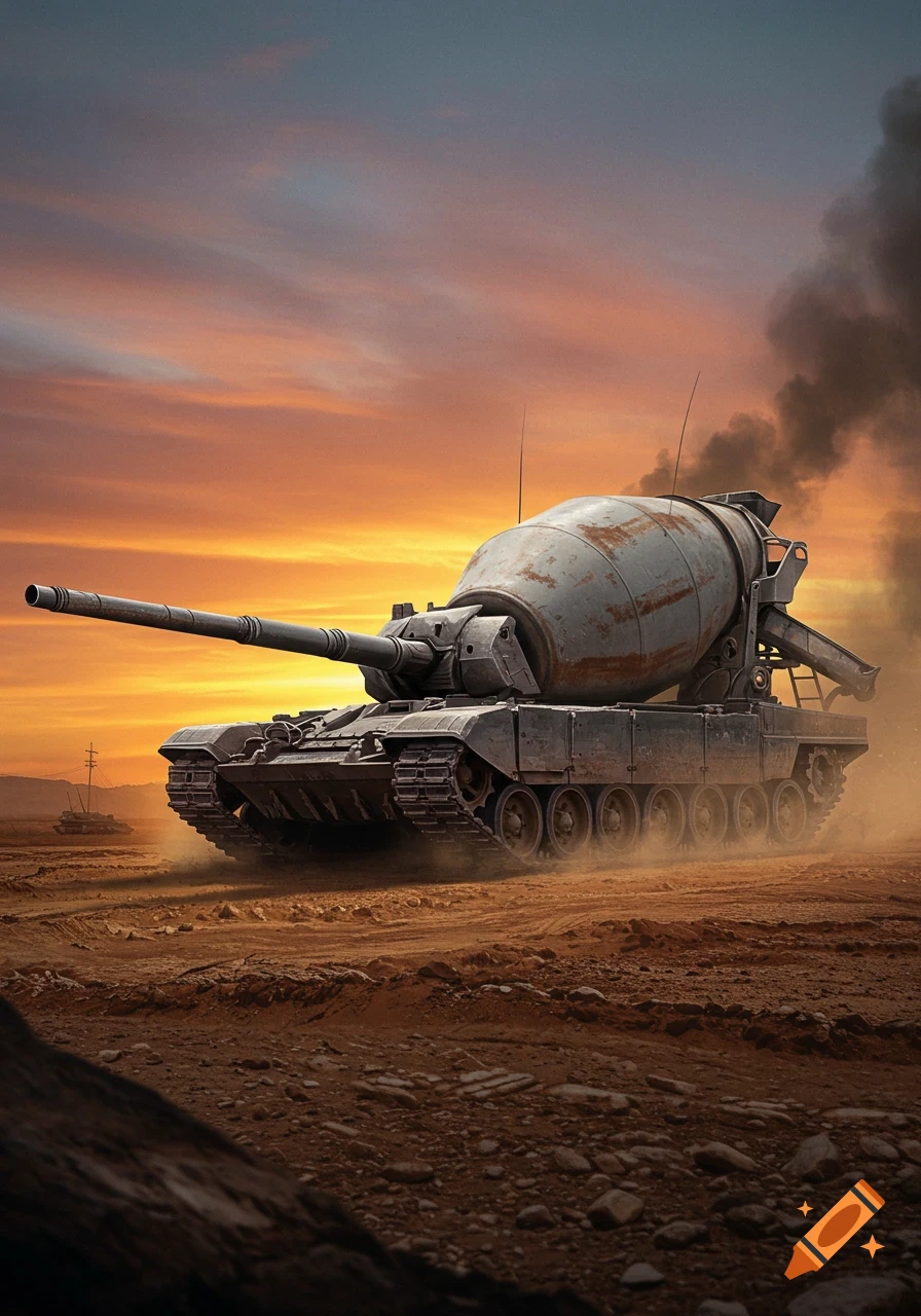 A photorealistic military tank with a cement mixer mounted on top drives through a dusty desert at sunset, smoke billowing behind.