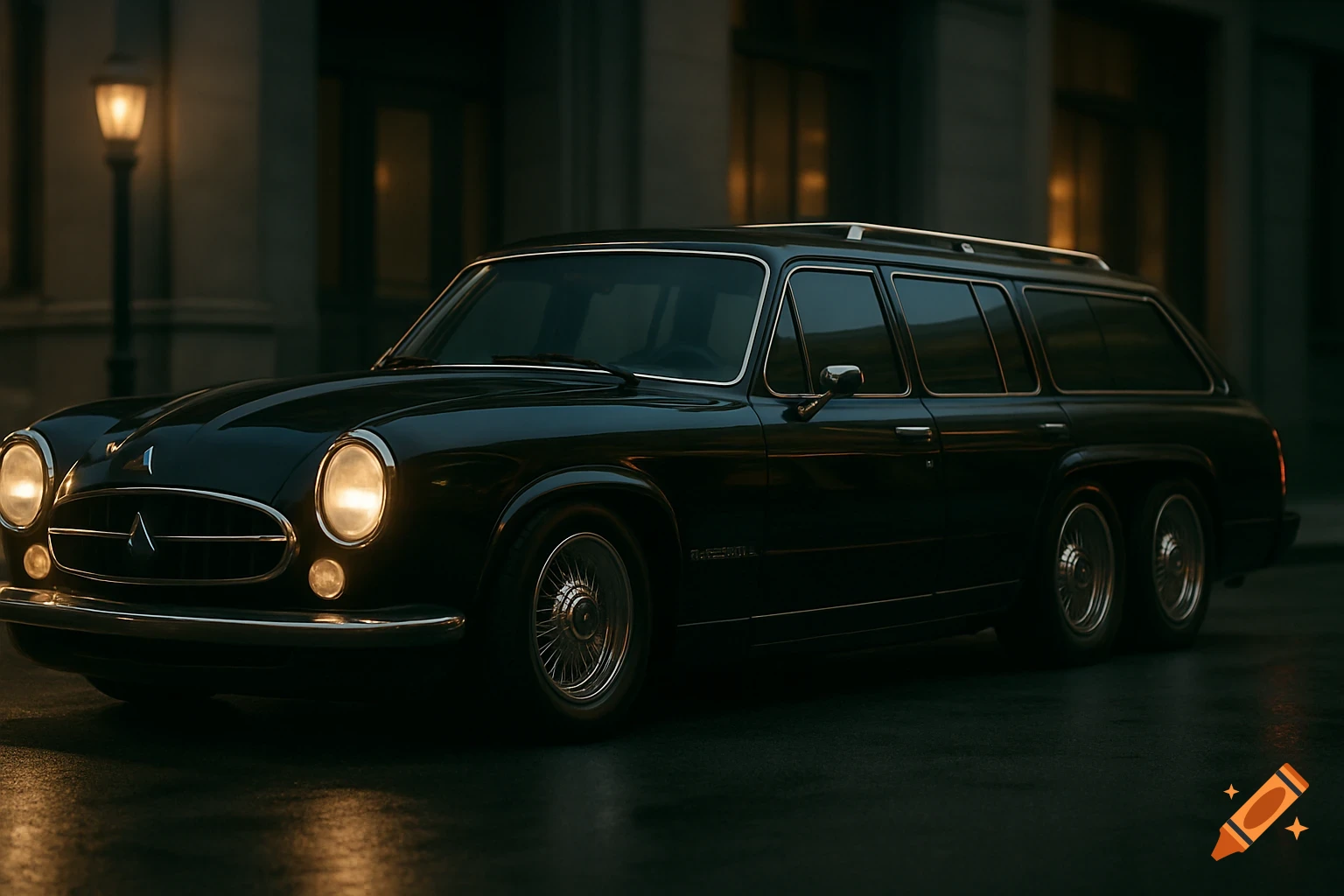 A black six-wheeled retro-style station wagon with large headlights, parked on a wet street at night, illuminated by a streetlamp.