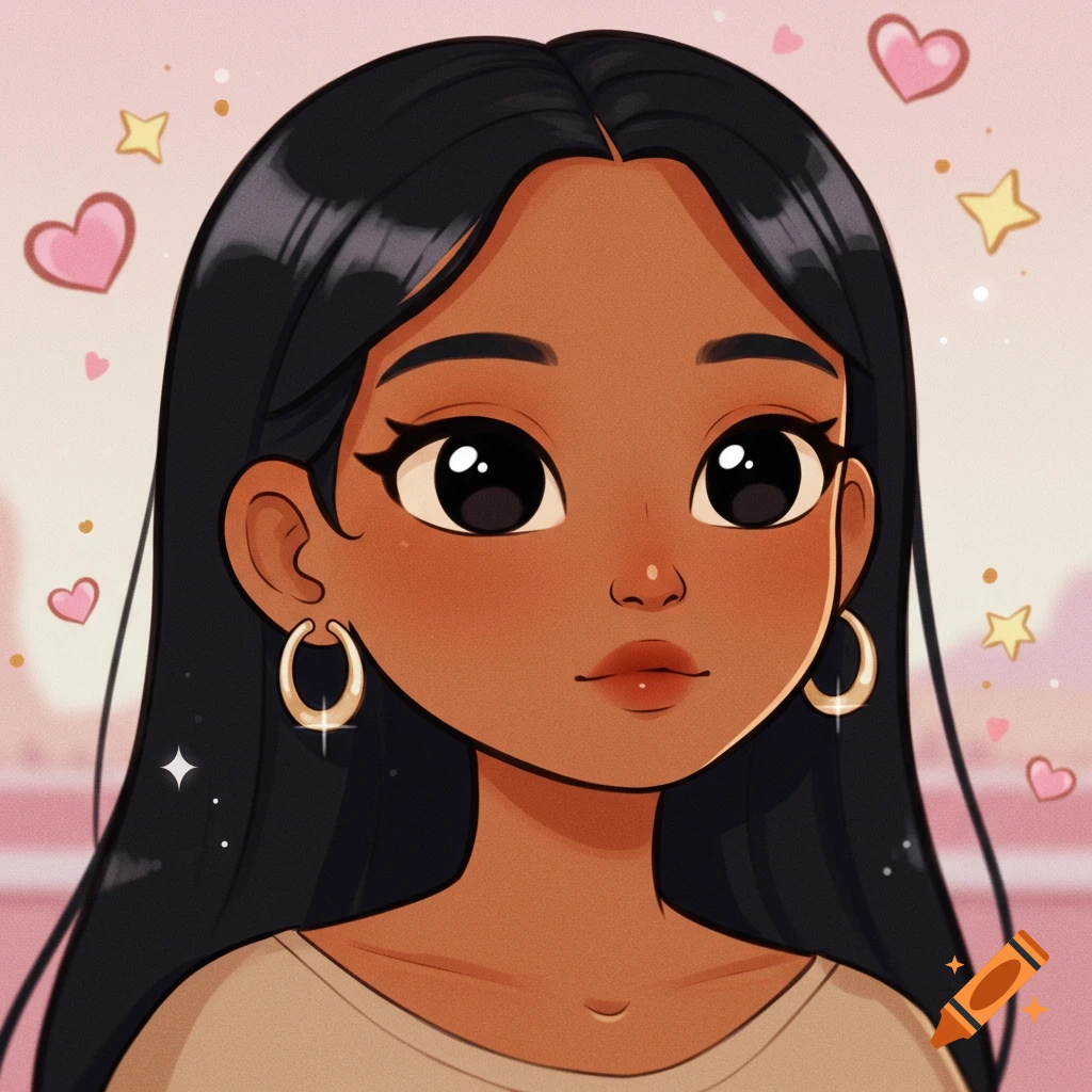 Cartoon portrait of a girl with tan skin, long black hair, large black eyes, and hoop earrings, with hearts and stars.