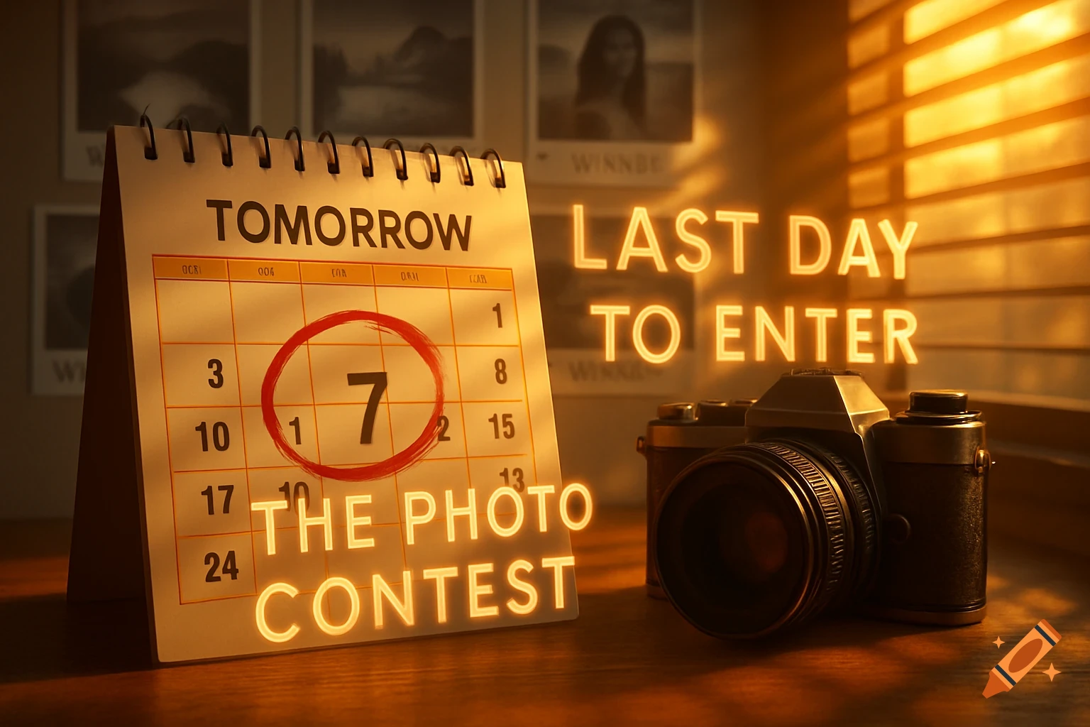 A desk calendar showing 'TOMORROW' with the 7th circled, next to a vintage camera, with glowing text 'LAST DAY TO ENTER THE PHOTO CONTEST'.