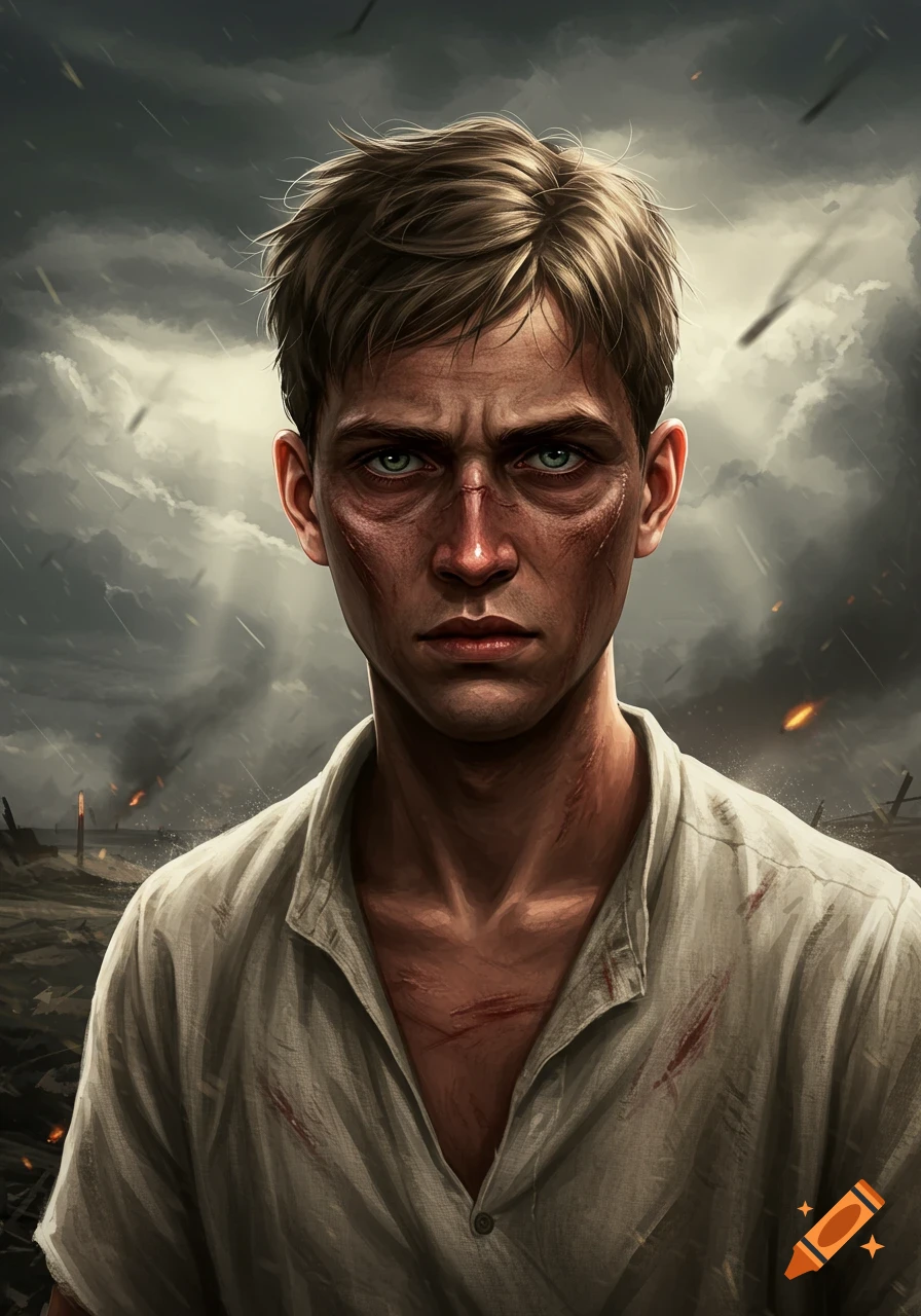 Digital painting of a young, scarred WWI soldier with light green eyes against a stormy, war-torn backdrop.