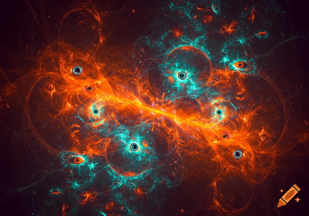 An abstract deepdream image with glowing orange and teal fractal patterns containing multiple scattered eyes.