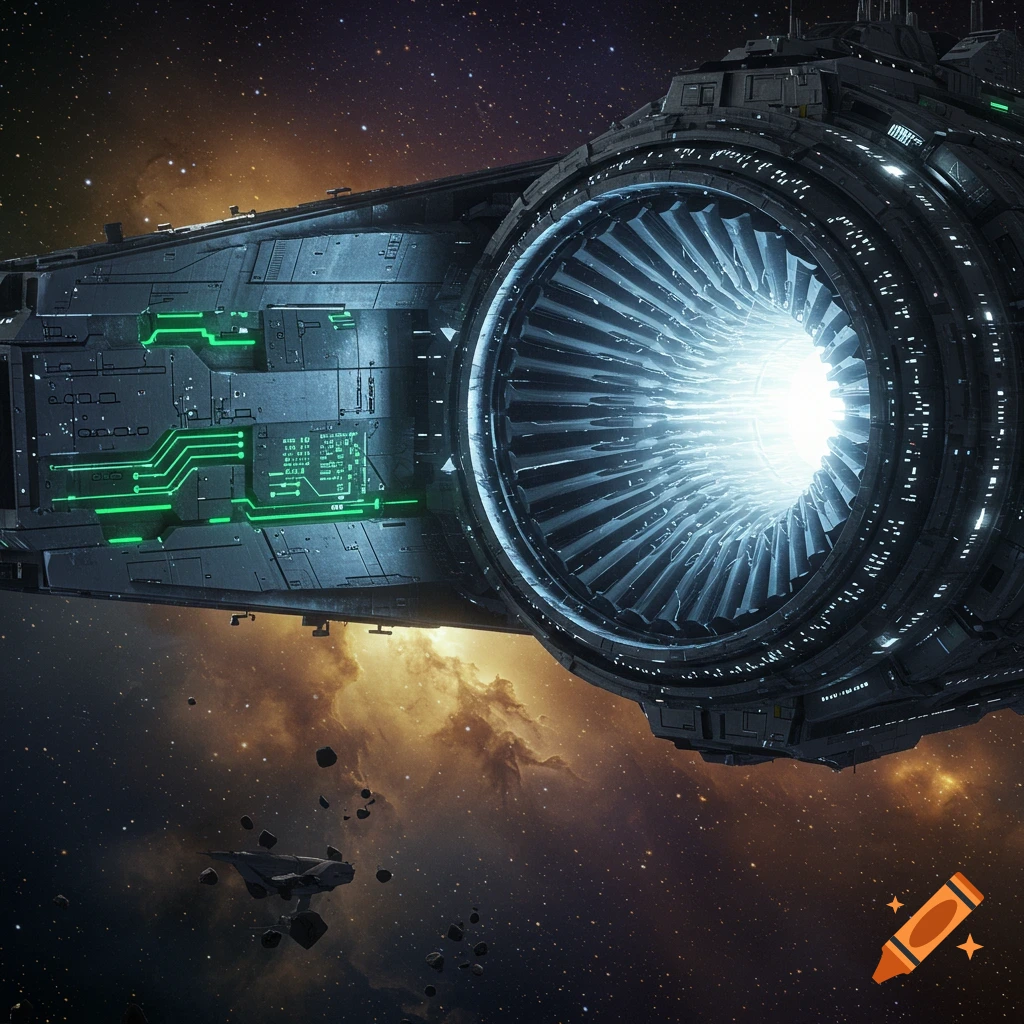 A highly detailed, photorealistic sci-fi starship with a glowing intake engine, flying through a star-filled nebula.