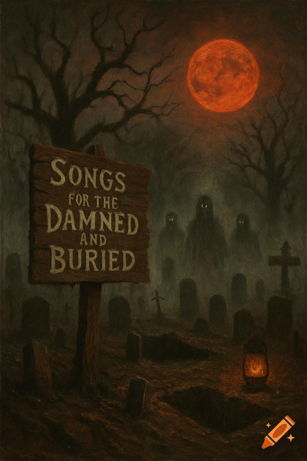 A dark, moody oil painting of a fog-covered graveyard under a blood-red moon with ghostly figures and a sign reading 'Songs for the Damned and Buried'.