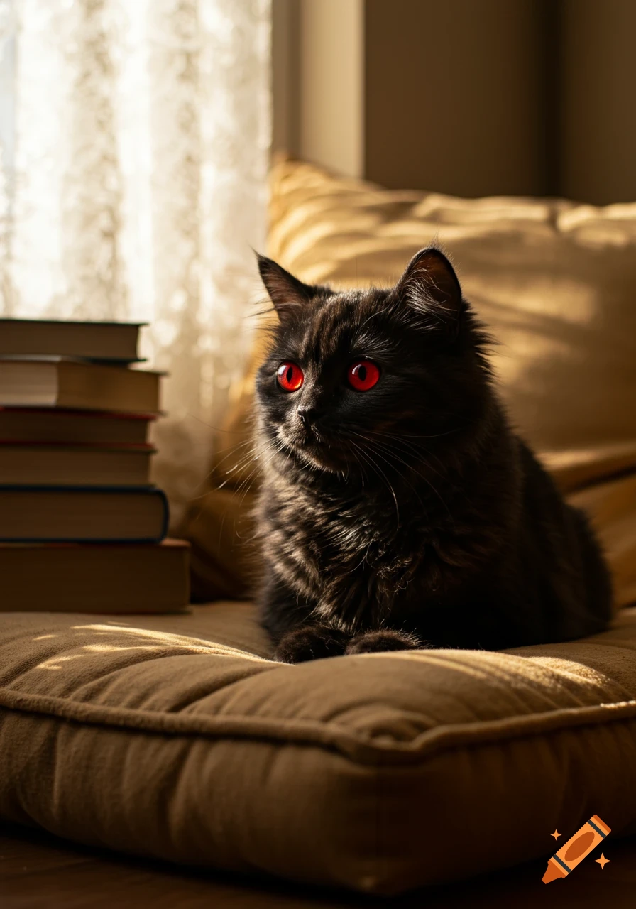 A fluffy black cat with glowing red eyes sits on a gold pillow beside a stack of books, illuminated by warm window light.