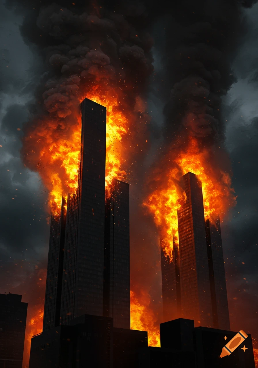 Two tall skyscrapers burning with huge flames and thick black smoke against a dark, stormy sky.
