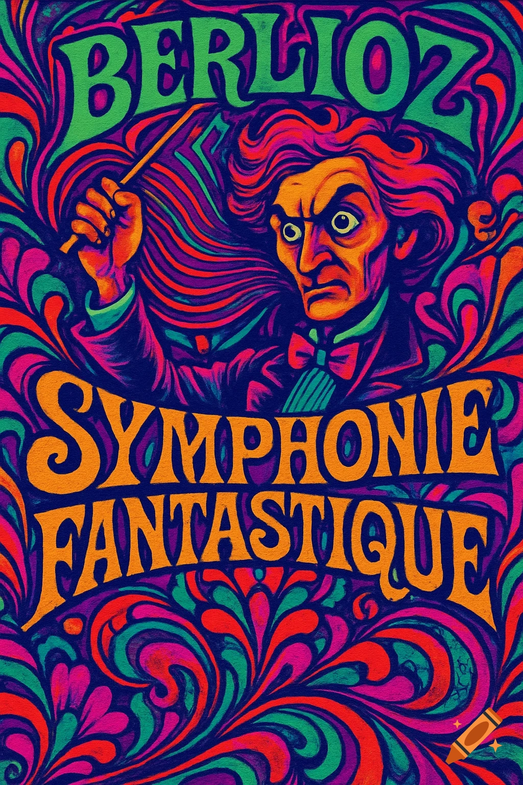 A vibrant psychedelic poster features a conductor with wild hair and a baton, above the text 'BERLIOZ SYMPHONIE FANTASTIQUE'.