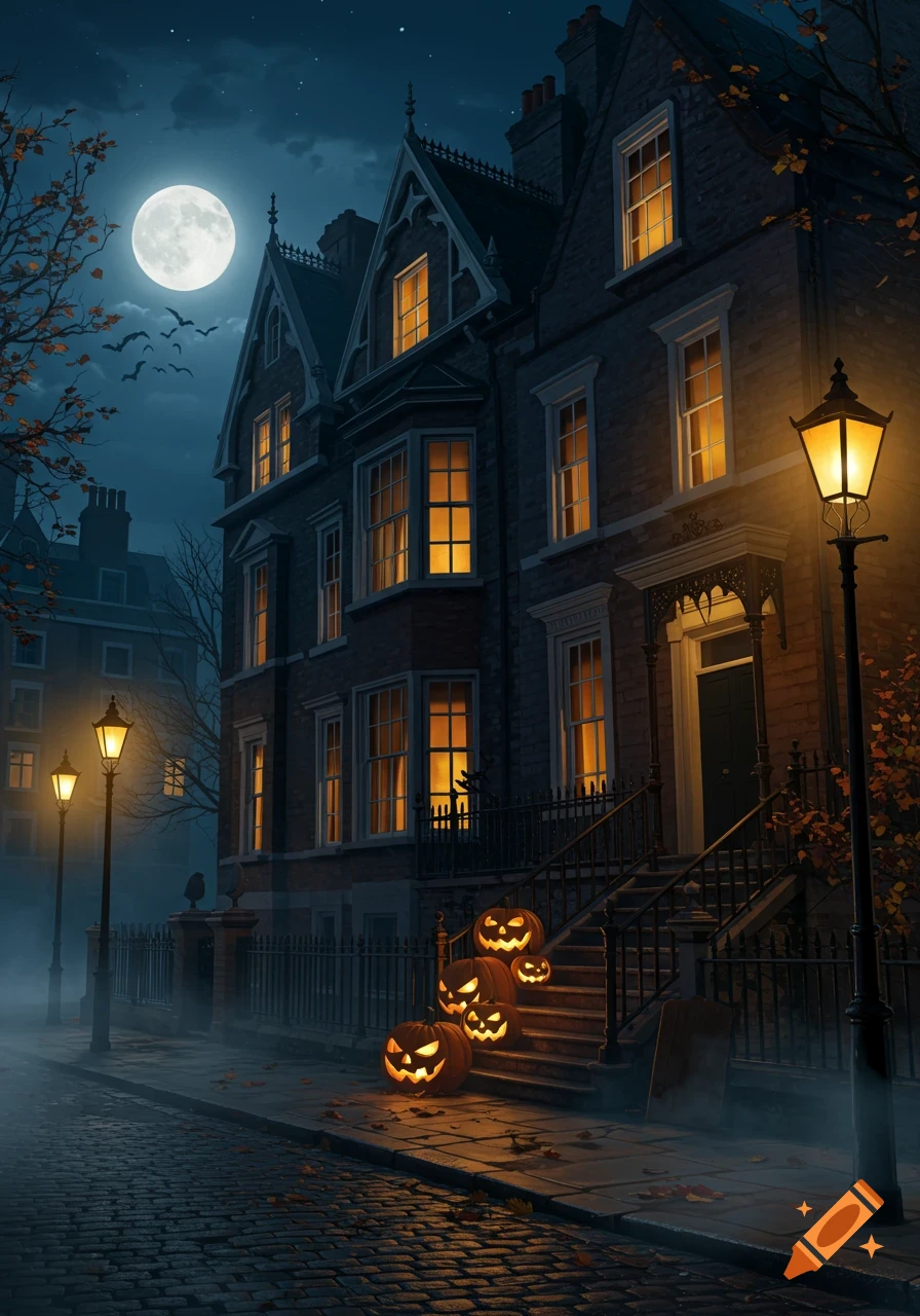 A spooky Victorian townhouse at night, with glowing jack-o'-lanterns on the steps, under a full moon and foggy streetlights.