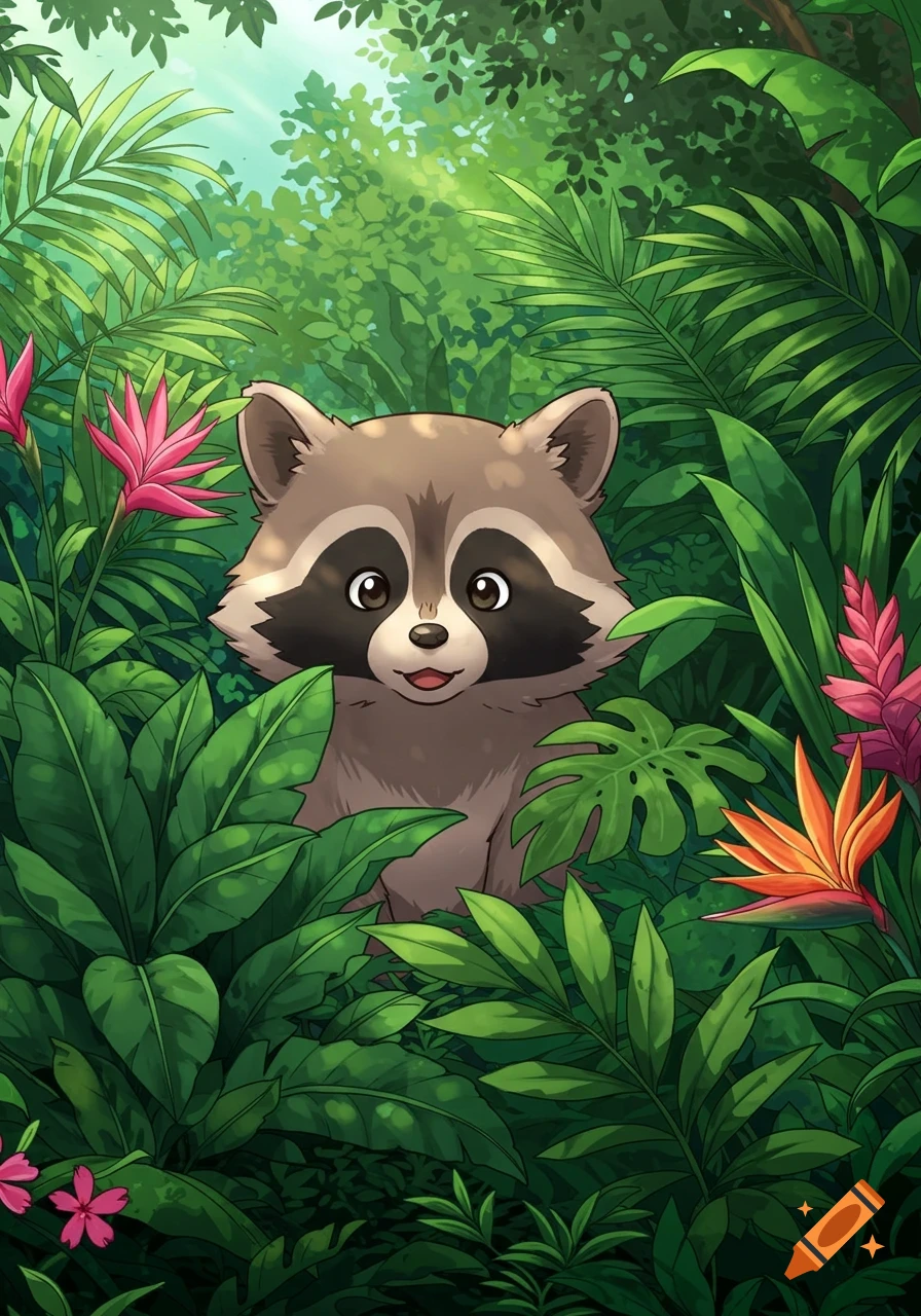 A cute cartoon raccoon peeking out from lush green jungle foliage with exotic pink and orange flowers, in an anime style.