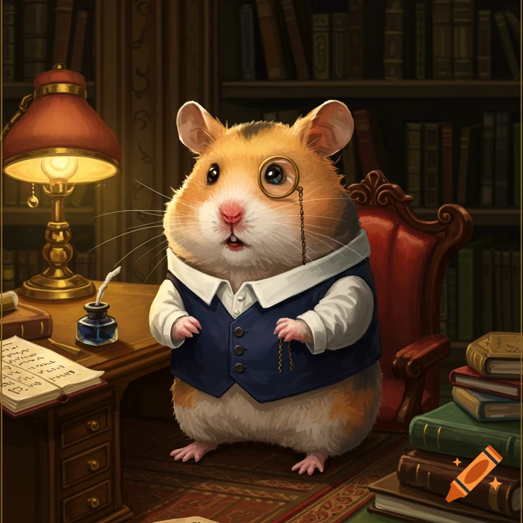 A fluffy hamster in a blue vest and monocle sits at a wooden desk with a lamp and books in a detailed library.