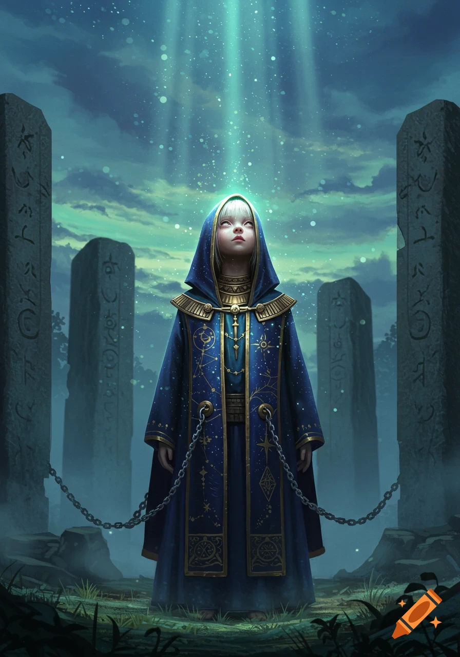 A child in a starry blue robe stands among ancient stones, illuminated by a celestial light from above.