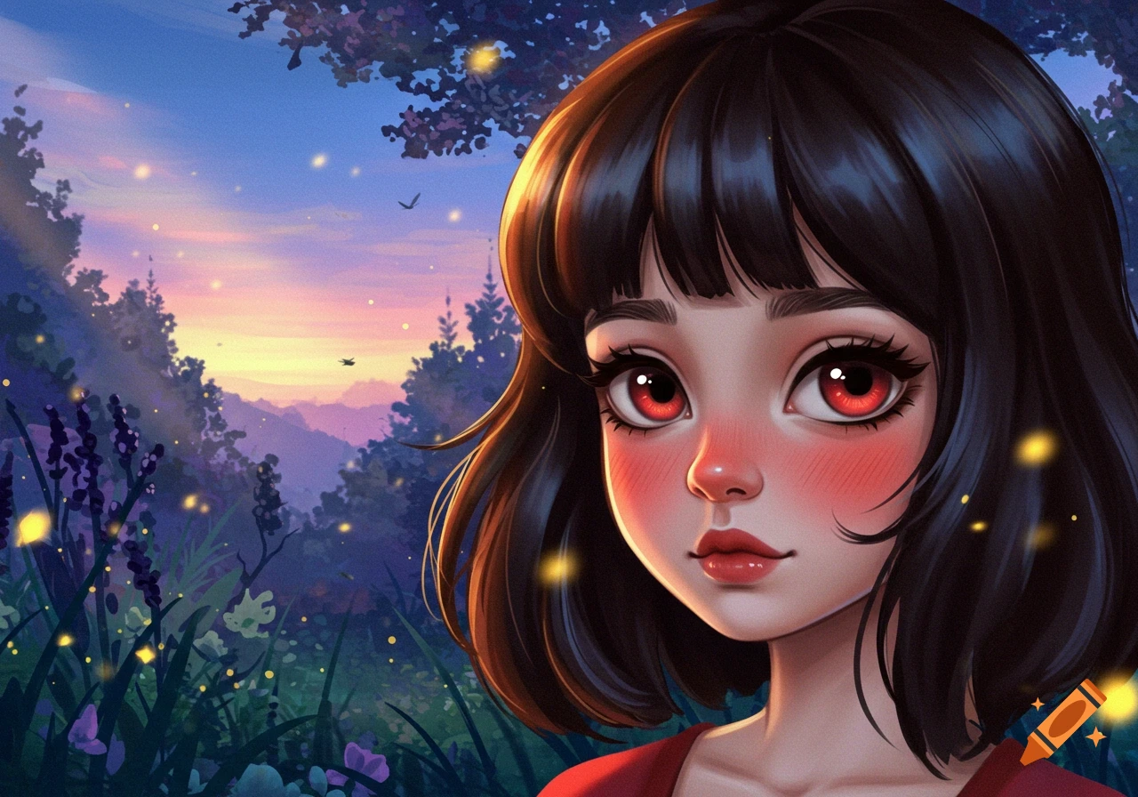 Anime-style girl with short dark hair, red eyes, and rosy cheeks in a magical forest at sunset with fireflies.