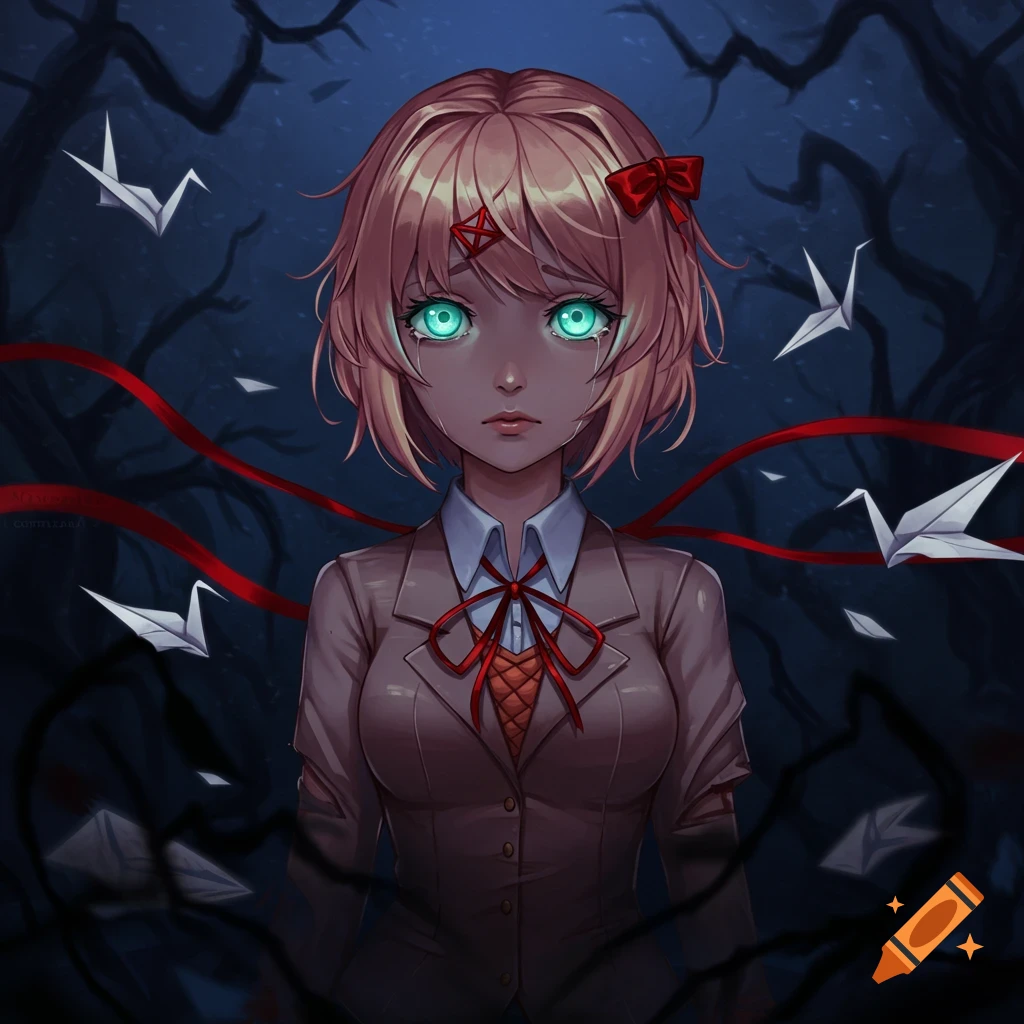 An anime girl with glowing cyan eyes and a sad expression, wearing a school uniform, surrounded by red ribbons, paper cranes, and dark trees.