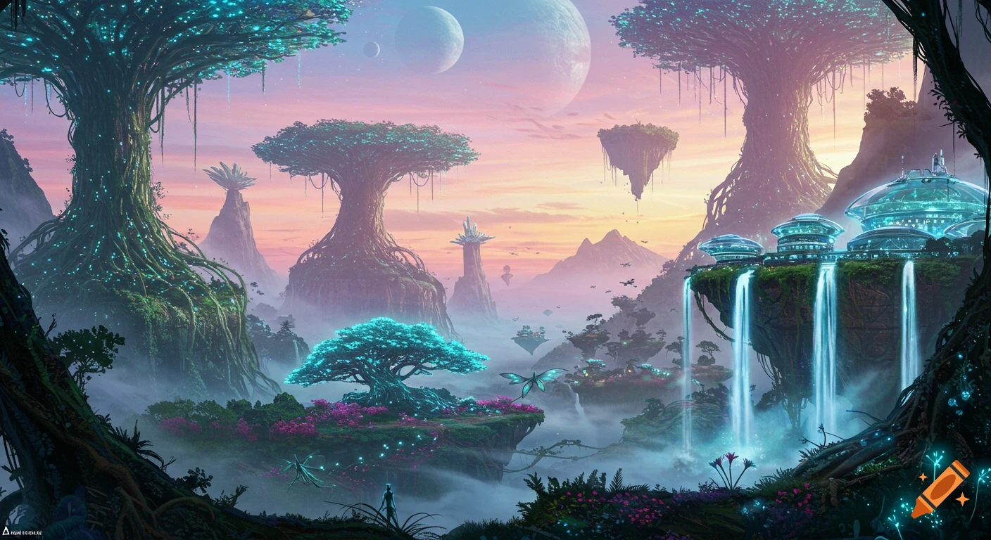 A vibrant alien landscape with bioluminescent trees, blue waterfalls, futuristic buildings, and flying creatures under a pastel sky with planets.