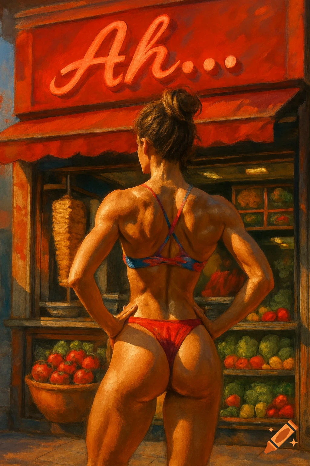 Painting of a muscular woman in a bikini, viewed from behind, standing in front of a kebab shop with a red sign 'Ah...'