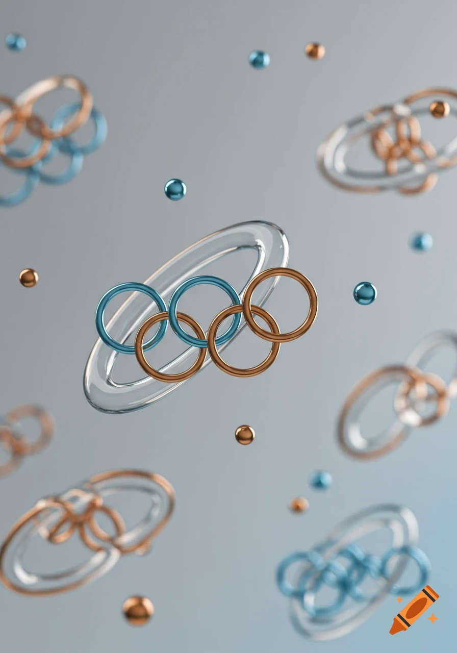 Abstract 3D rendering of interconnected gold, blue, and clear glass rings with floating spheres on a gradient background.