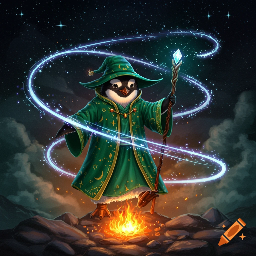 A cartoon wizard penguin in a green robe and hat, holding a glowing staff, stands over a campfire with swirling magic trails under a starry night sky.