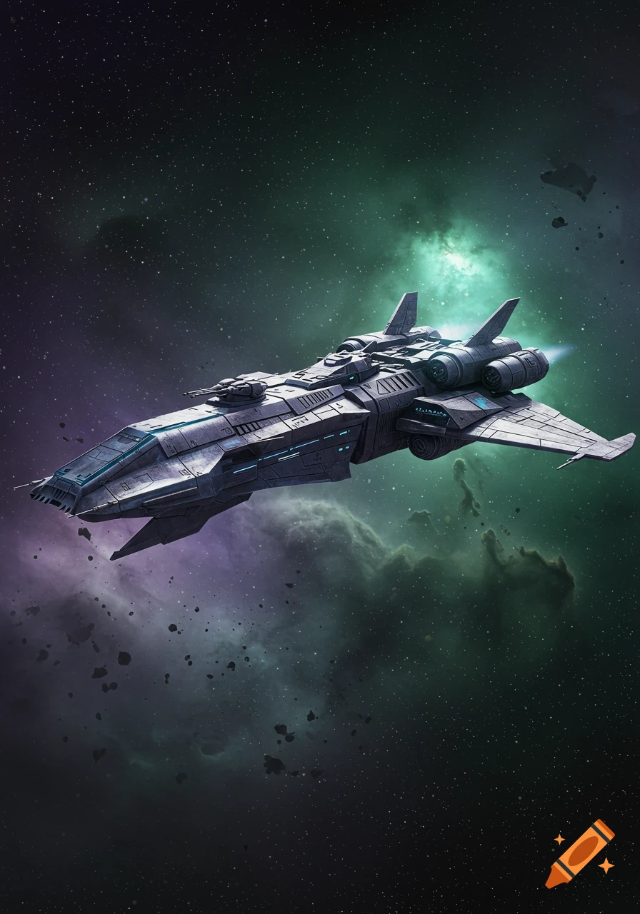A detailed futuristic spaceship with glowing blue accents flies through a vibrant green and purple nebula field with scattered asteroids.