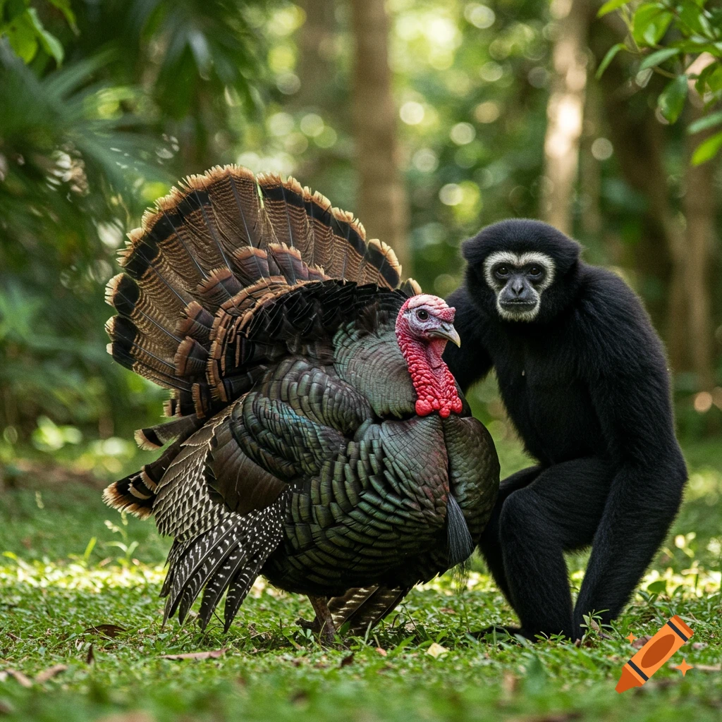 A large wild turkey with fanned tail feathers stands next to a black gibbon in a lush green forest.