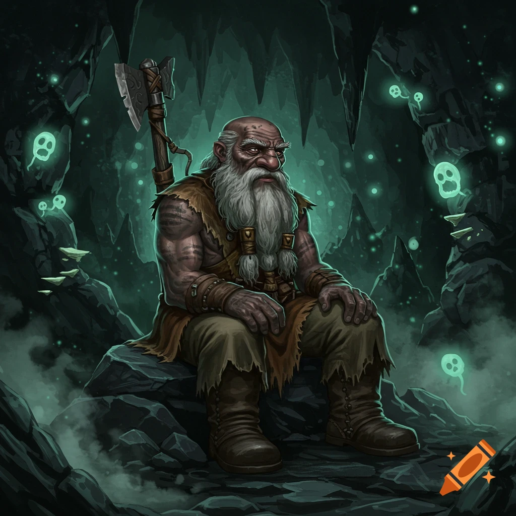 A bearded dwarf hermit with an axe sits thoughtfully in an eerie, glowing green cave with spirits.
