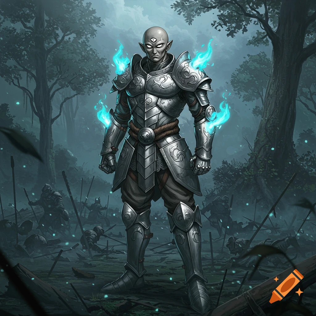 A grey-skinned, three-eyed warrior in silver medieval armor with blue flames stands in a misty, battle-scarred forest, digital art.