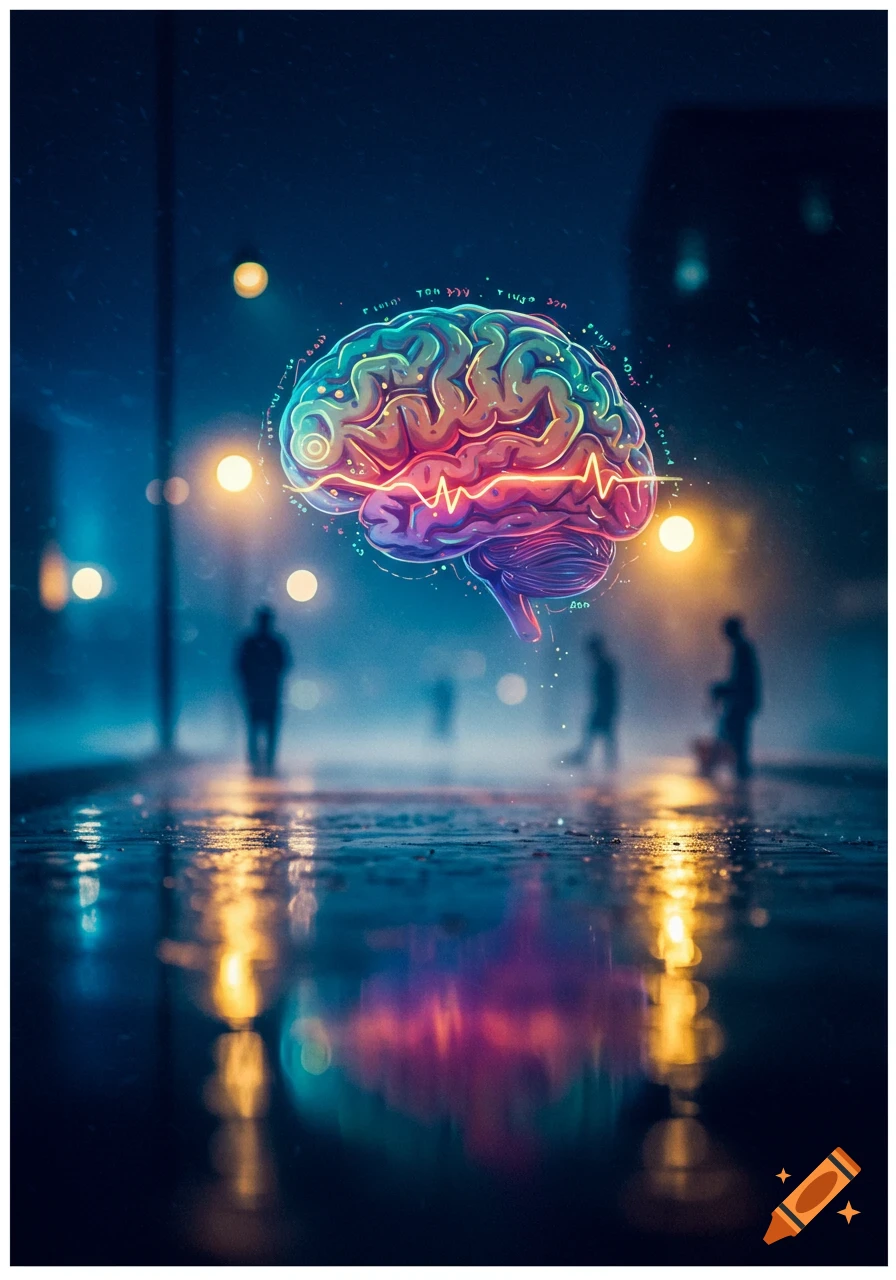 A vibrant, stylized brain with a glowing EEG line floats above a rainy city street with blurred figures and neon reflections.