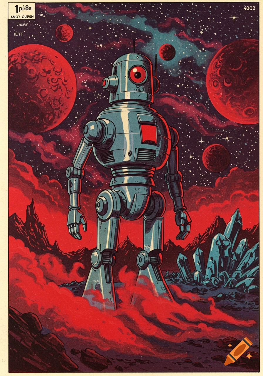 A 70s sci-fi style illustration of a tall robot on a red alien planet with red planets and stars in the sky.