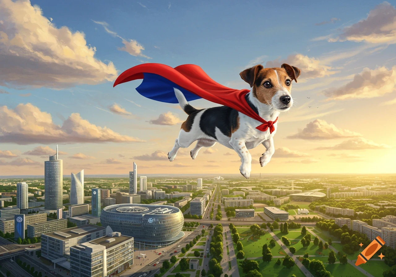 A tricolor Jack Russell dog in a red cape flies high above a sunny, modern city with green parks.