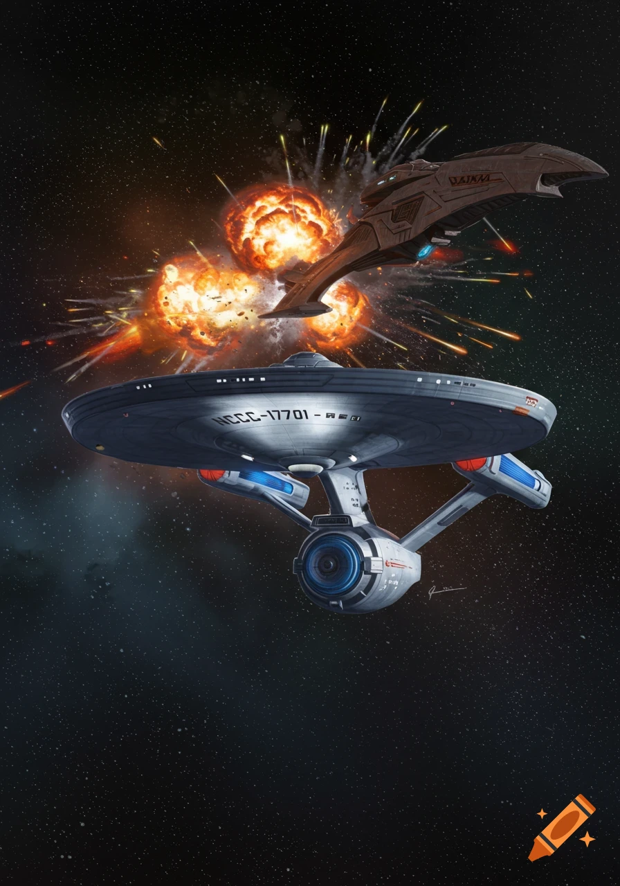 A detailed illustration of the Starship Enterprise NCC-17701-A flying through space as a Klingon K'Tinga starship explodes behind it.