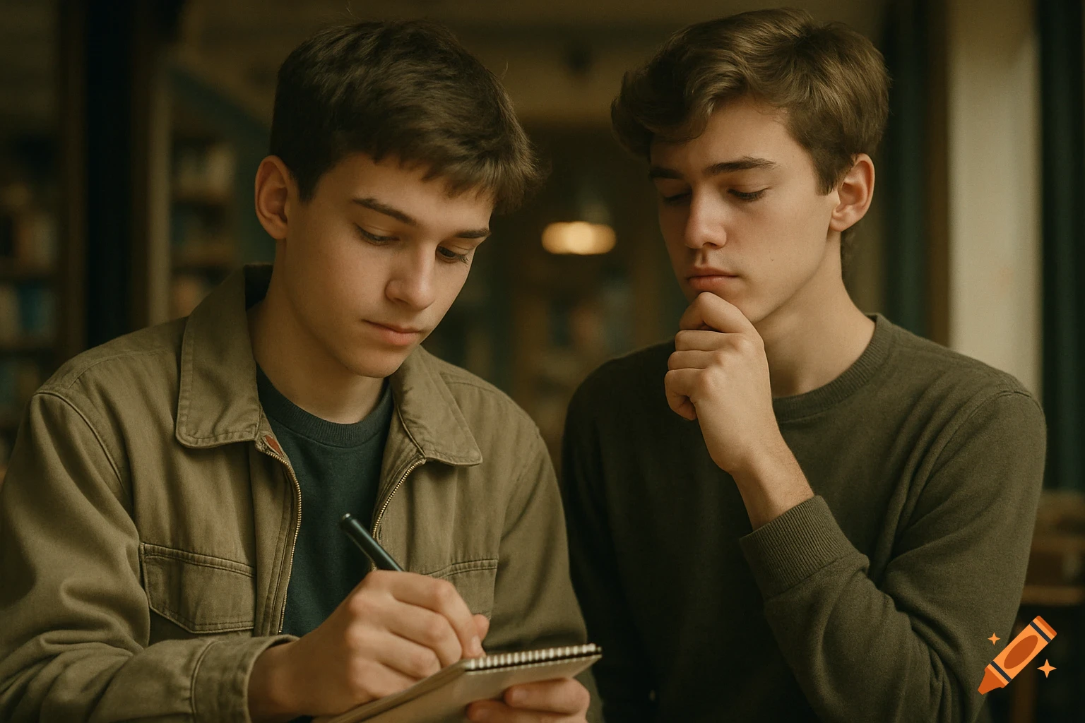 Two young men, one wearing a jacket, writes in a notebook while the other, in a sweater, rests his chin on his hand in a thoughtful pose in a warm-toned indoor setting.