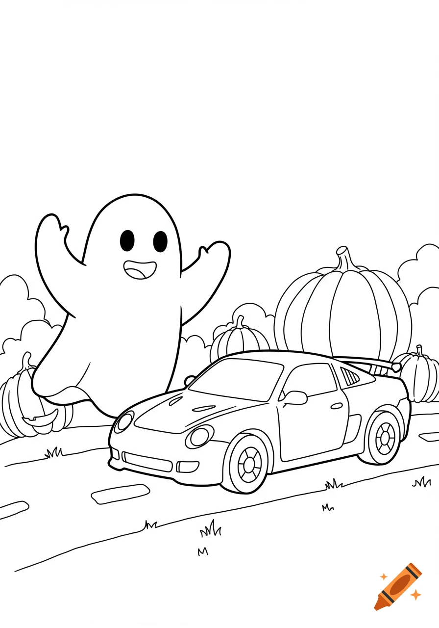 A friendly cartoon ghost waves next to a sports car, with pumpkins on a road, in a black-and-white line art style for a coloring book.