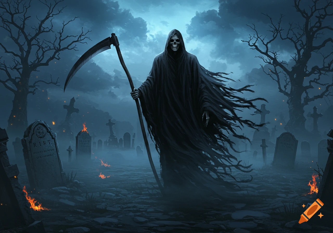 A shadowy Grim Reaper with a scythe stands in a misty, fire-lit graveyard under a cloudy blue sky, with dark gnarled trees.