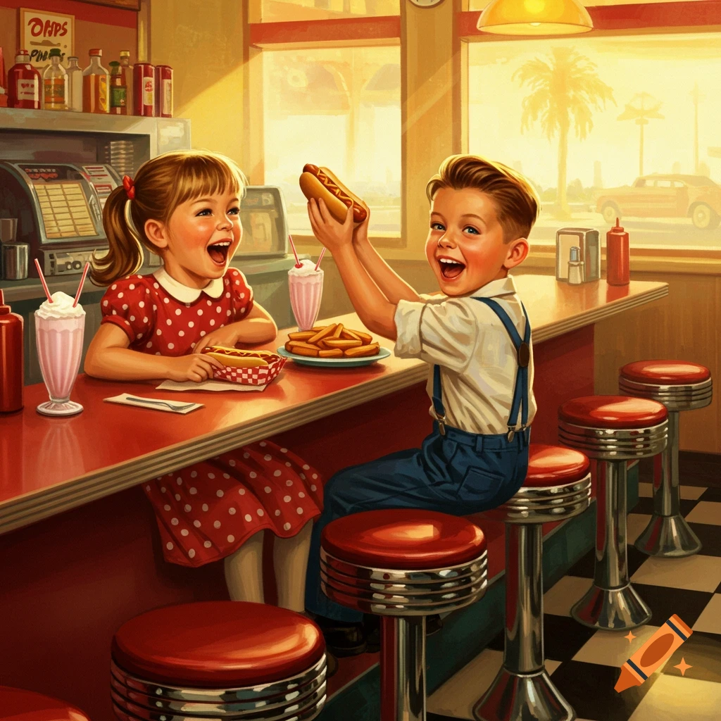 A boy and girl happily eat hot dogs, fries, and milkshakes at a retro 1950s diner.