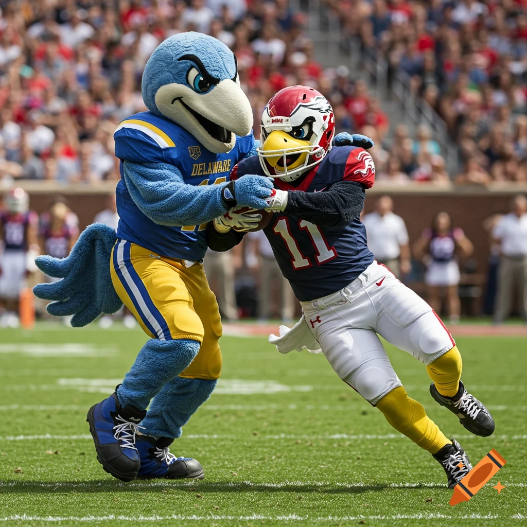 A blue bird mascot wearing a Delaware football uniform tackles an eagle mascot wearing a Liberty University football uniform on a green field during a game, with spectators in the background.