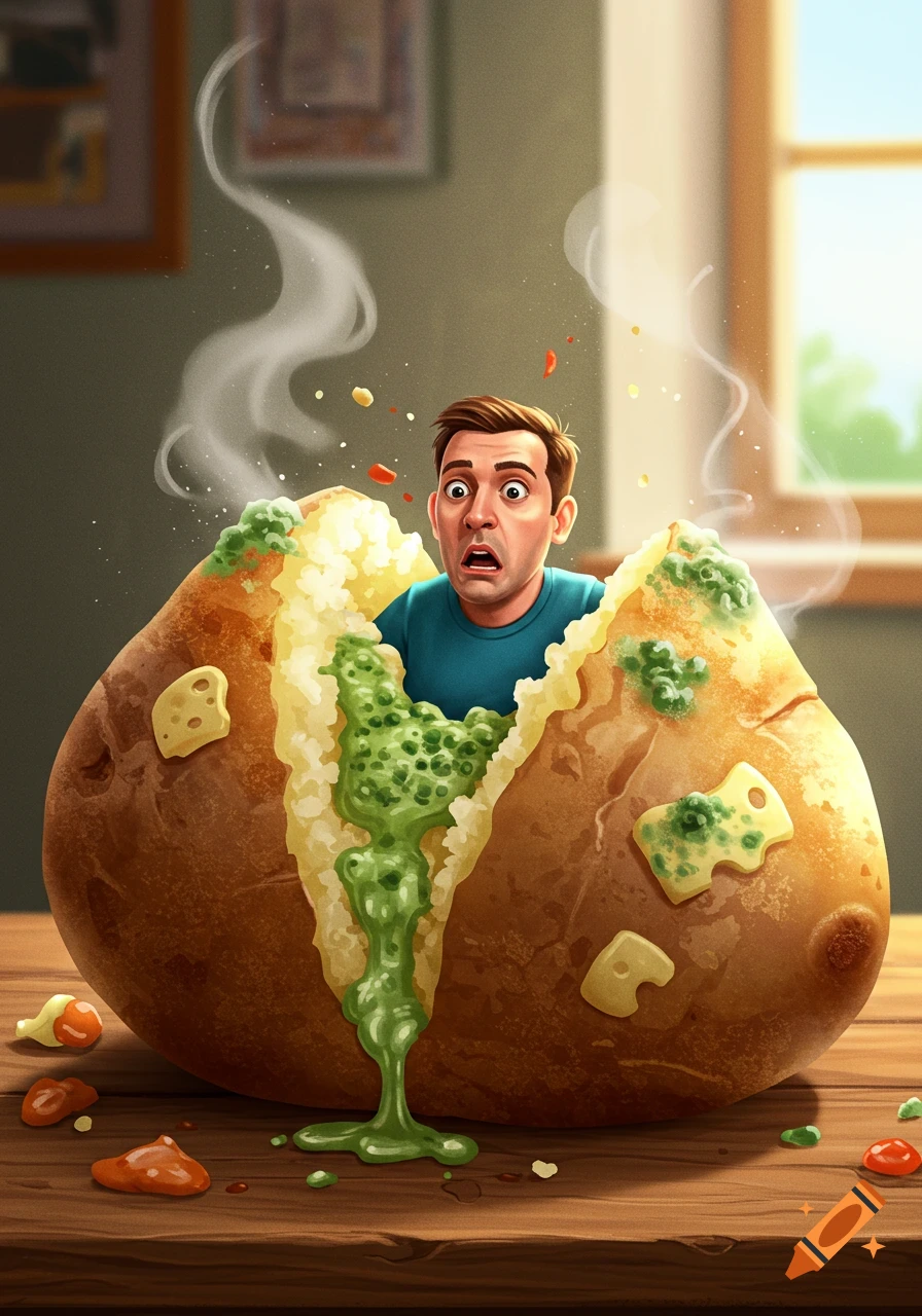 A shocked man bursts out of a giant baked potato topped with green sauce and butter, steaming on a wooden table, in a comic illustration.