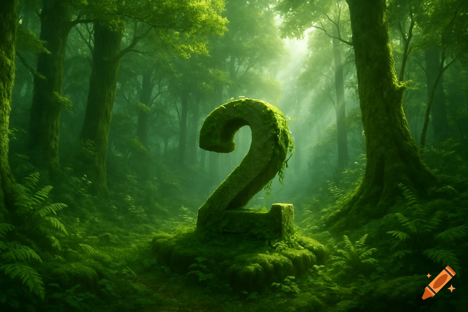 A large, moss-covered stone number two stands prominently in a lush, misty green forest, illuminated by rays of light.