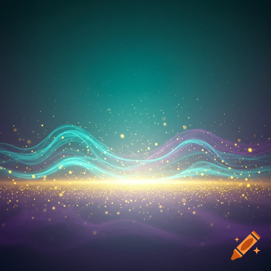 An abstract background featuring glowing teal and purple wavy lines with shimmering gold particles, centered by a bright light source.
