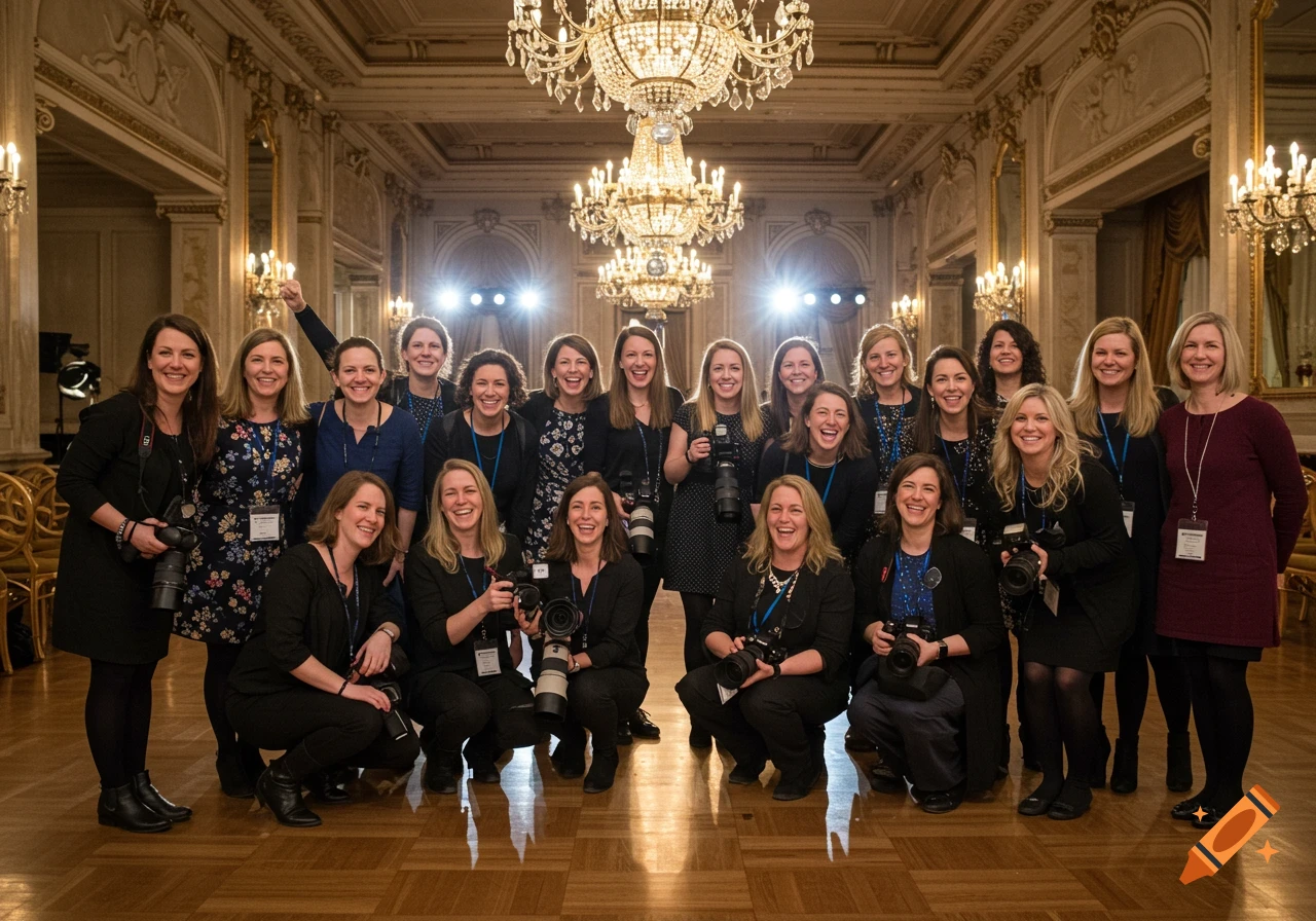 A group of smiling female photographers with professional cameras in an ornate gala hall, captured in a photorealistic DSLR photograph.