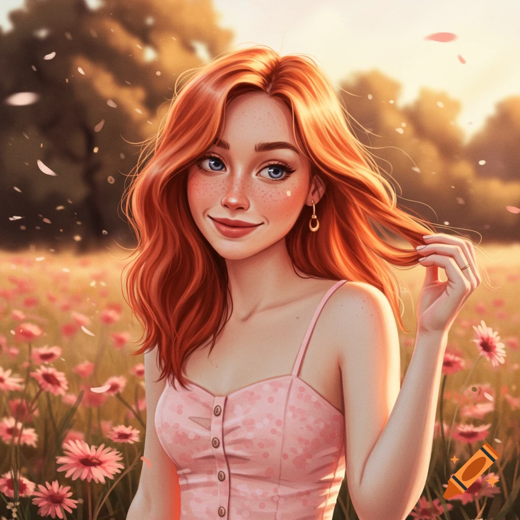 Stylized illustration of a smiling redhead woman with freckles in a sunlit field of pink flowers, gently touching her hair.