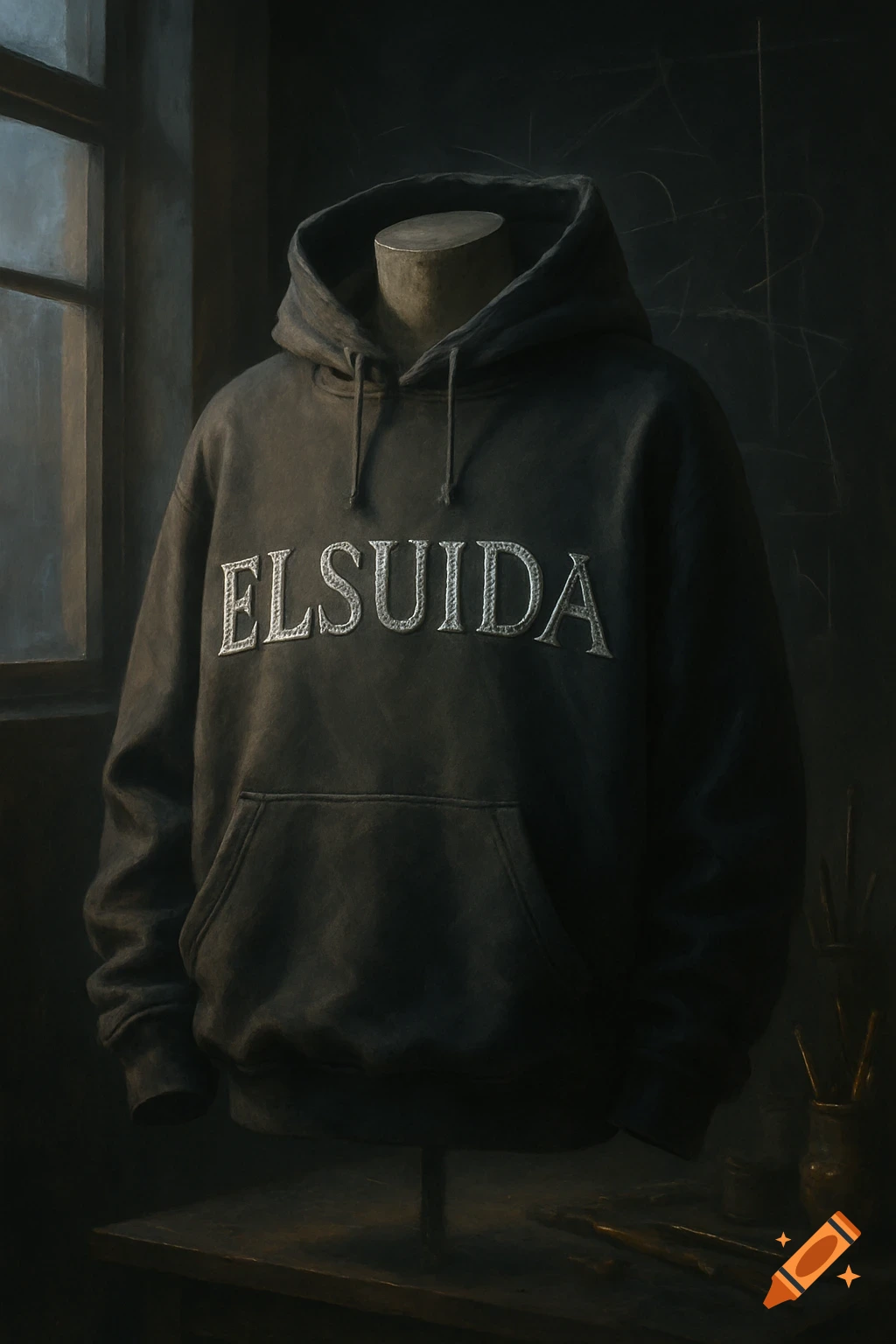 An oversized dark gray hoodie with 'ELSUIDA' embroidered in white on a mannequin in a dimly lit room with a window.