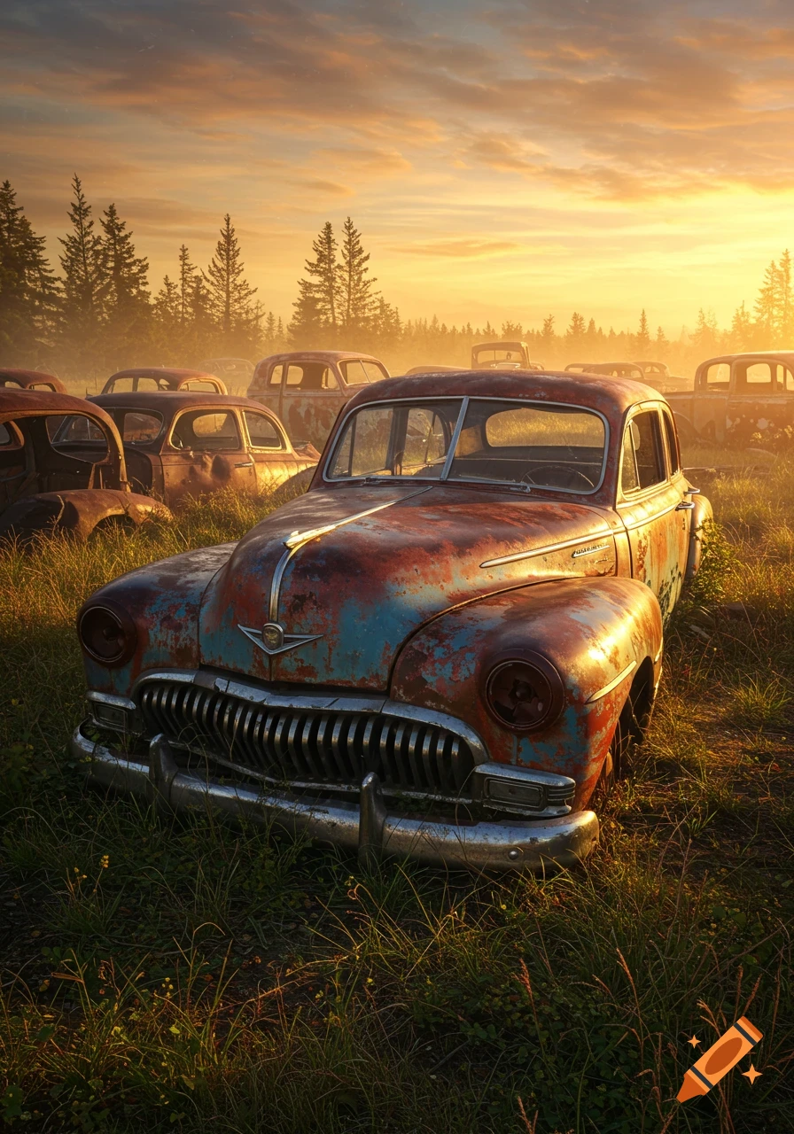 An old, rusty blue and red car sits in a grassy field at sunset, surrounded by other abandoned cars and evergreen trees.