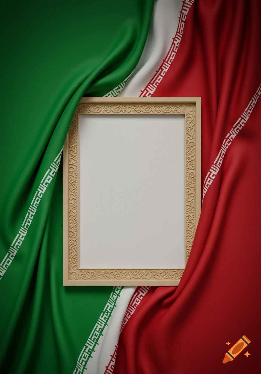 A decorative wooden frame centered against a draped Iranian flag with green, white, and red fabric.